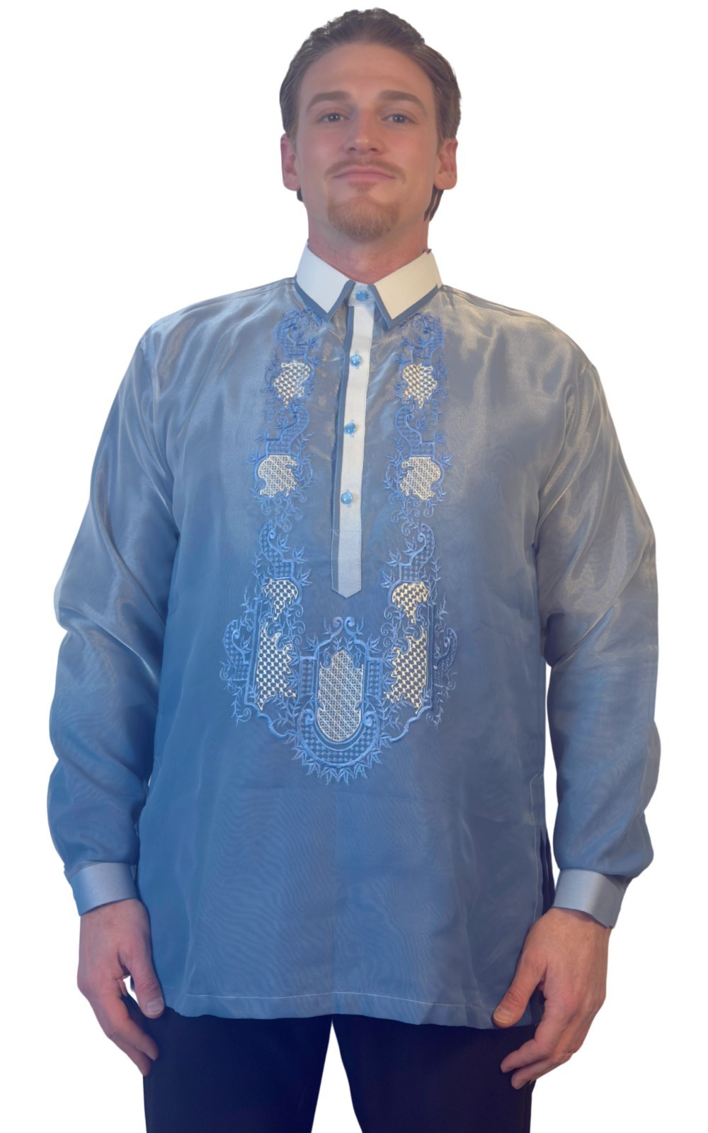 Baby Blue Organza Barong w/ Embroidery Design – ORDER US SIZE