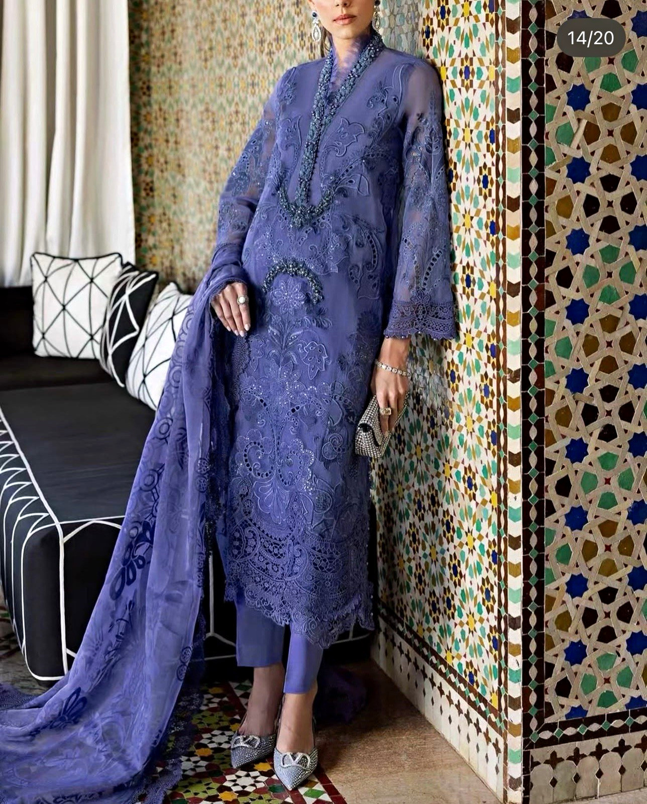 Women’s Pakistani Unstitched Chiffon Lace Embroidered Salwar Kameez Purple