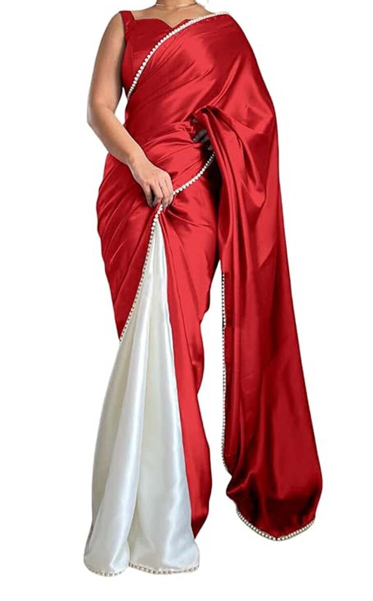 Indian Designer Red Solid SoftSatin Silk Saree For women with Unstitched Blouse