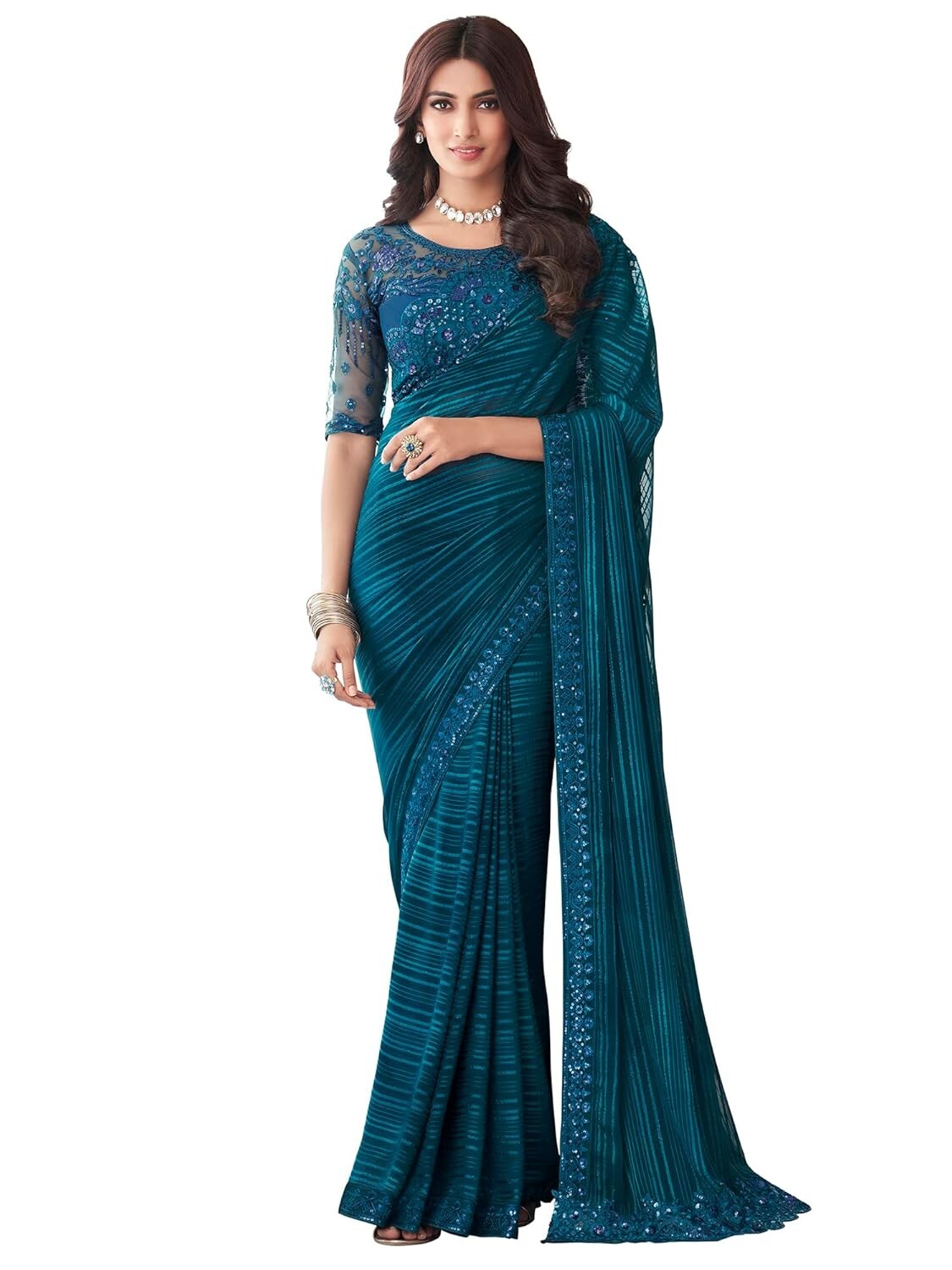 Women’s Embroidery Lace & Sequence Chiffon Saree With Unstitched Blouse Piece
