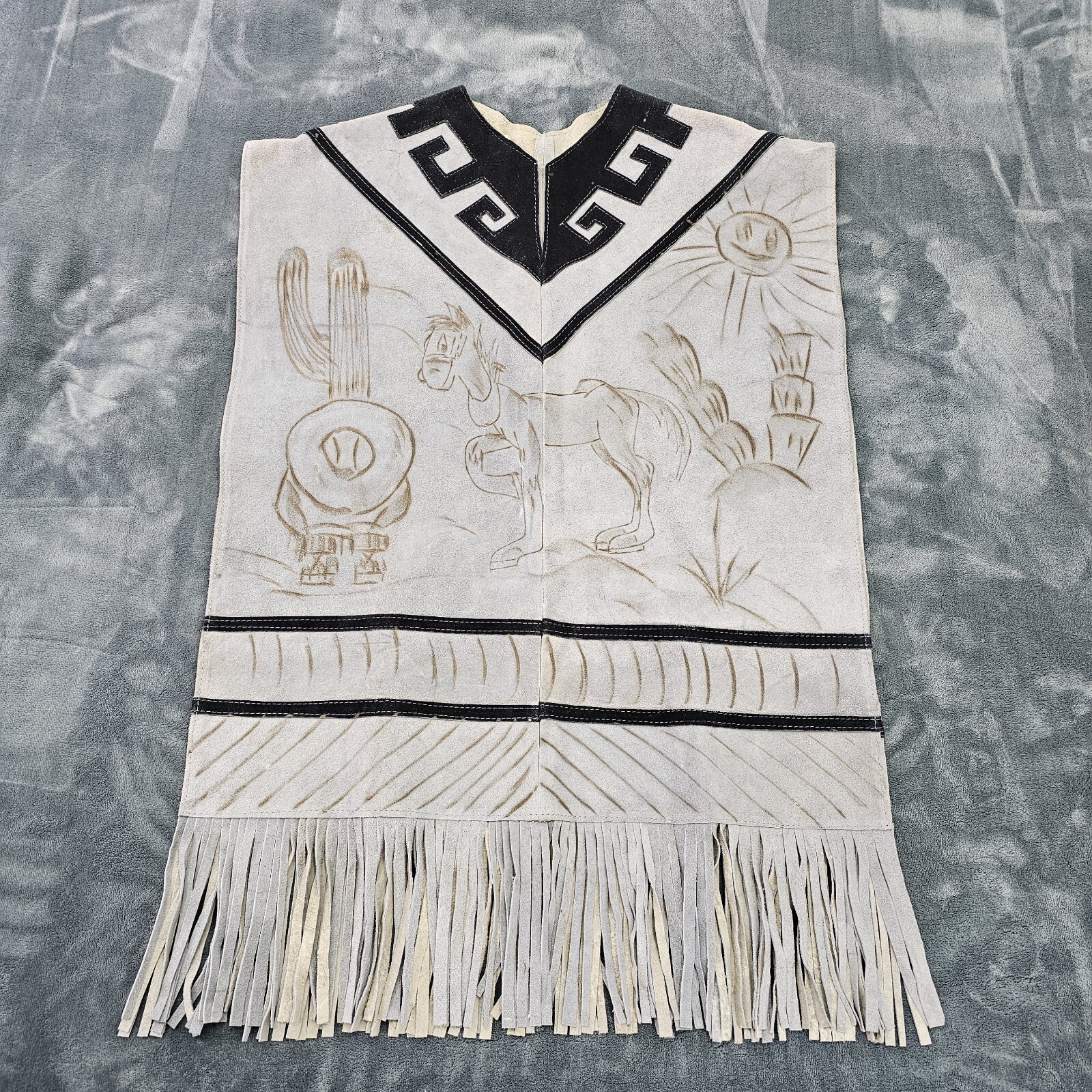Authentic Genuine Mexican Leather Suede Handmade Poncho Donkey Cactus Fringed