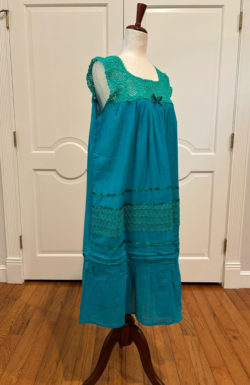 Artisanal Mexican Women’s Summer dress made with cotton manta and crochet work,