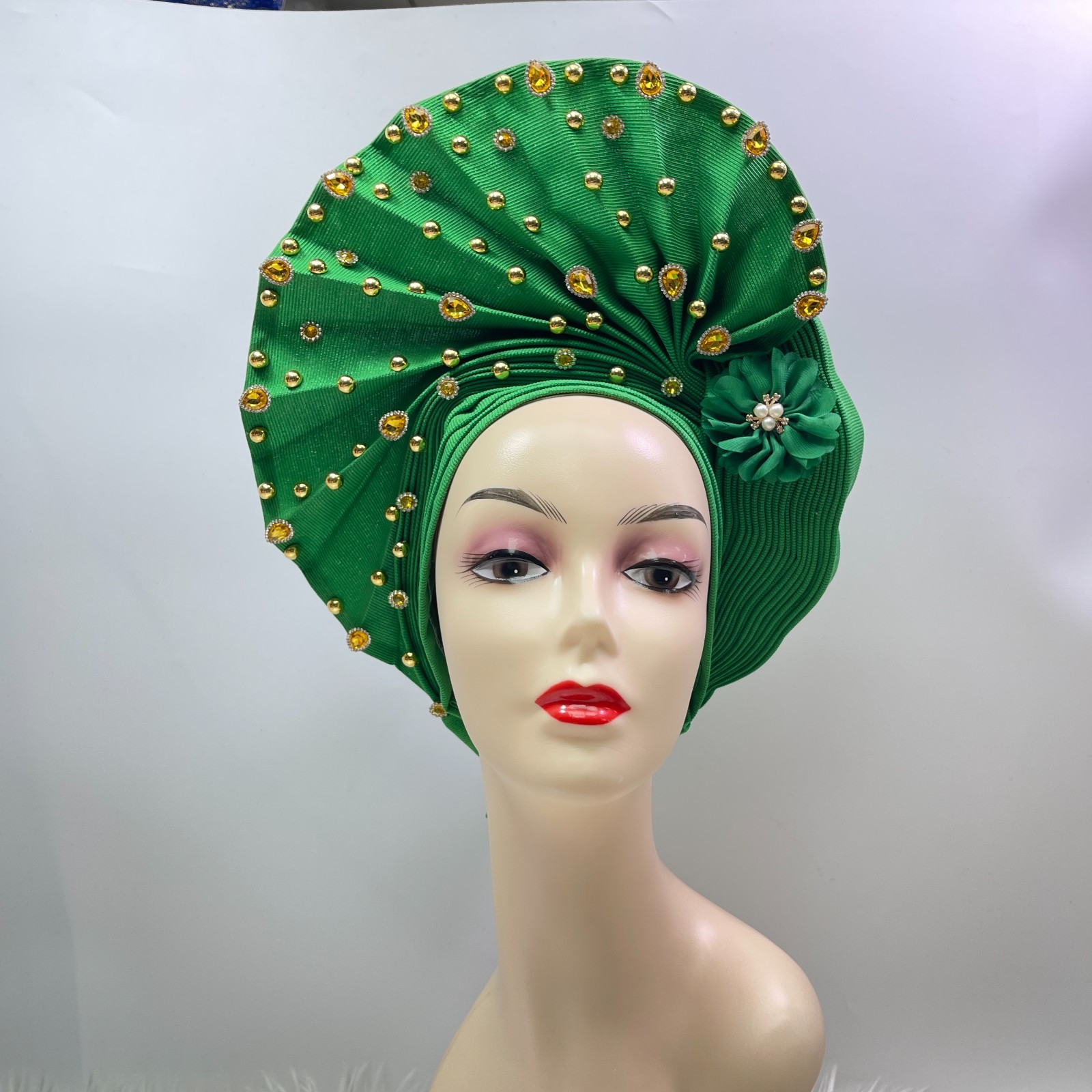 African Gele Fabric Turban Headtie Made Aso-Oke Auto Gele Head Wear Hat Stones