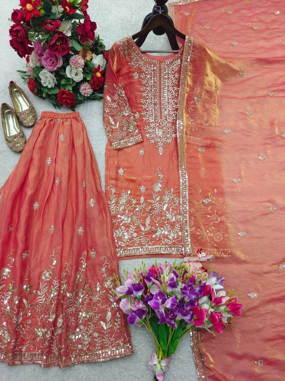 Trending Designer Silk Kurta Palazzo With Dupatta For Wedding & Party