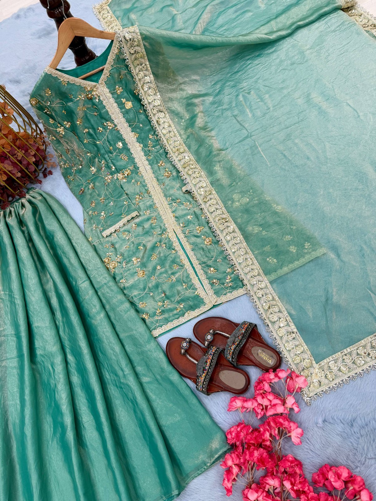 Presenting Heavy Silk Teal Green Top Palazzo With Dupatta For Women & Girls Wear