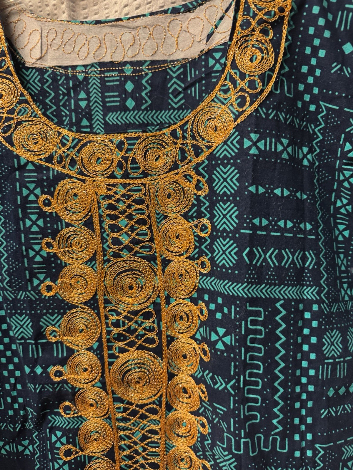 African Dashiki Style Tunic Dress Teal Blue Gold Embroidery Long Kaftan New L/XL