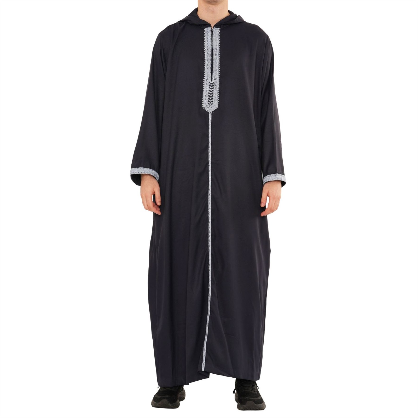 Men’s Navy Moroccan Thobe Hooded Blue Embroidery Kaftan Eid Robe Jubba