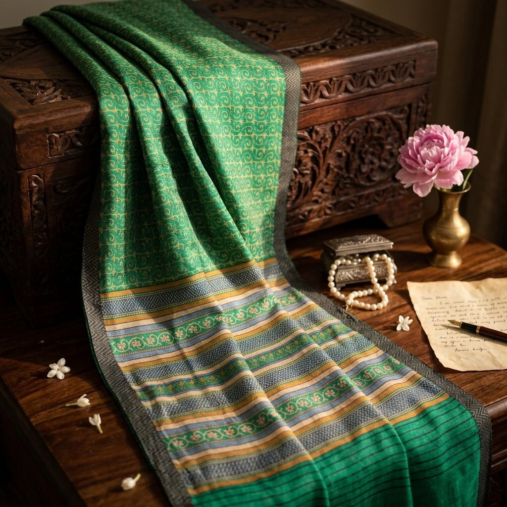 Sanskriti Vintage Green Pure Woolen Saree Spiral Print Sari Soft Craft 5Ydfabric