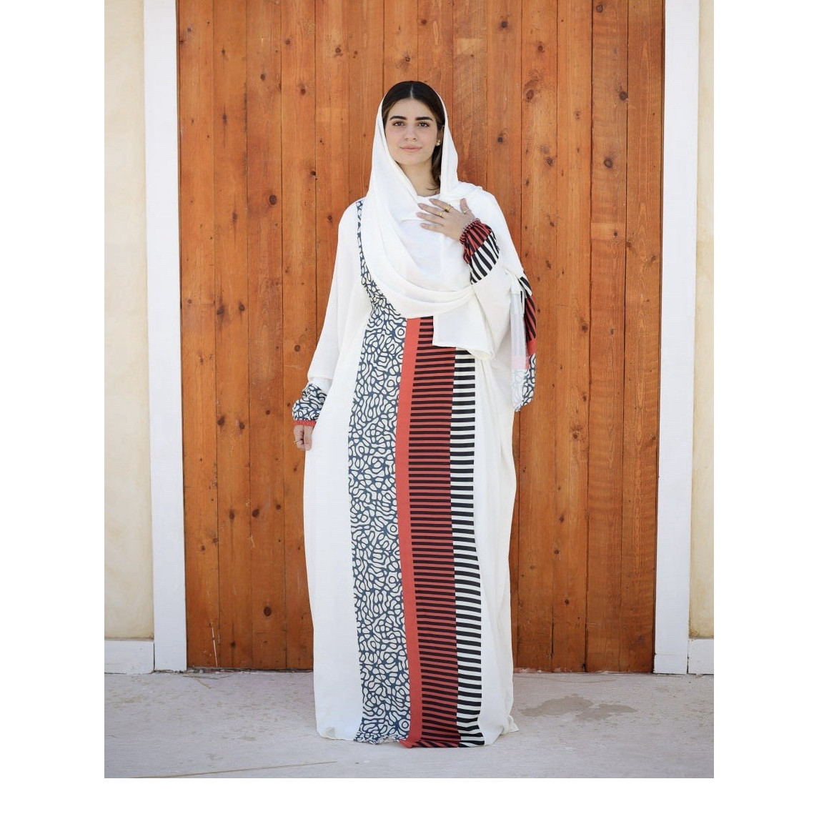 Women’s White/Black/Red Striped Print Kaftan Abaya Dress One Size Polyester
