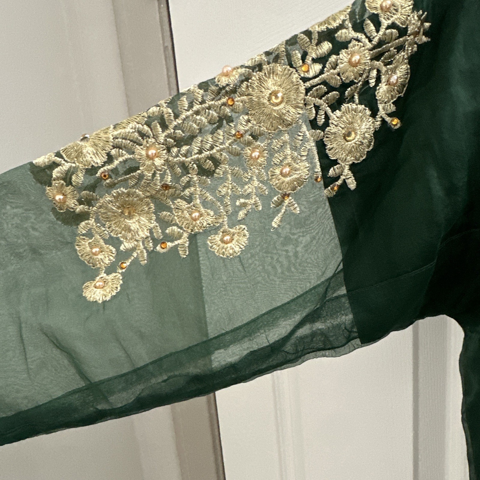 Green Chiffon Salwar Kameez with Gold Embroidery for Women, Size Large