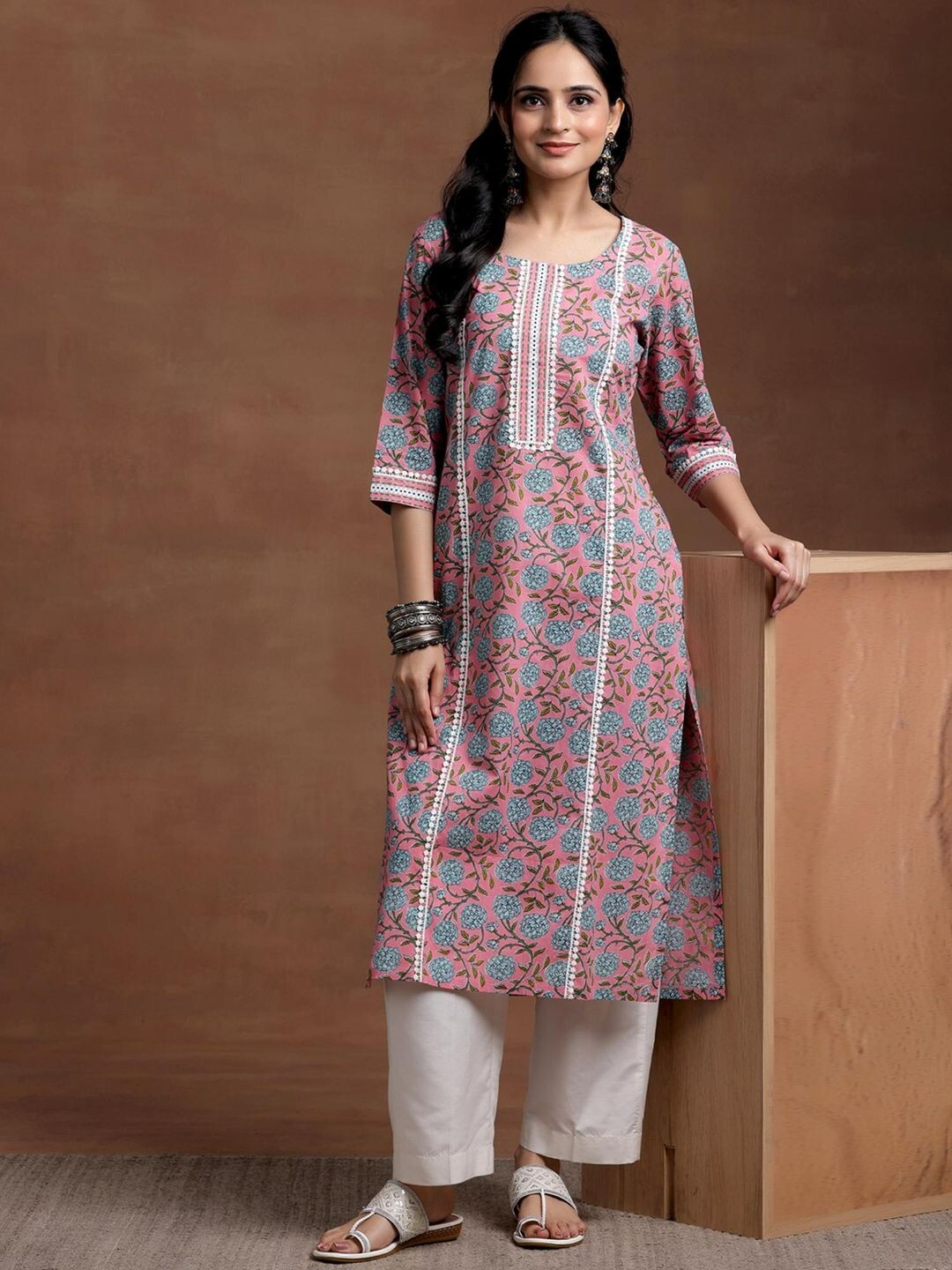 Pink Floral Printed Straight Lace Work Women Cotton Kurta