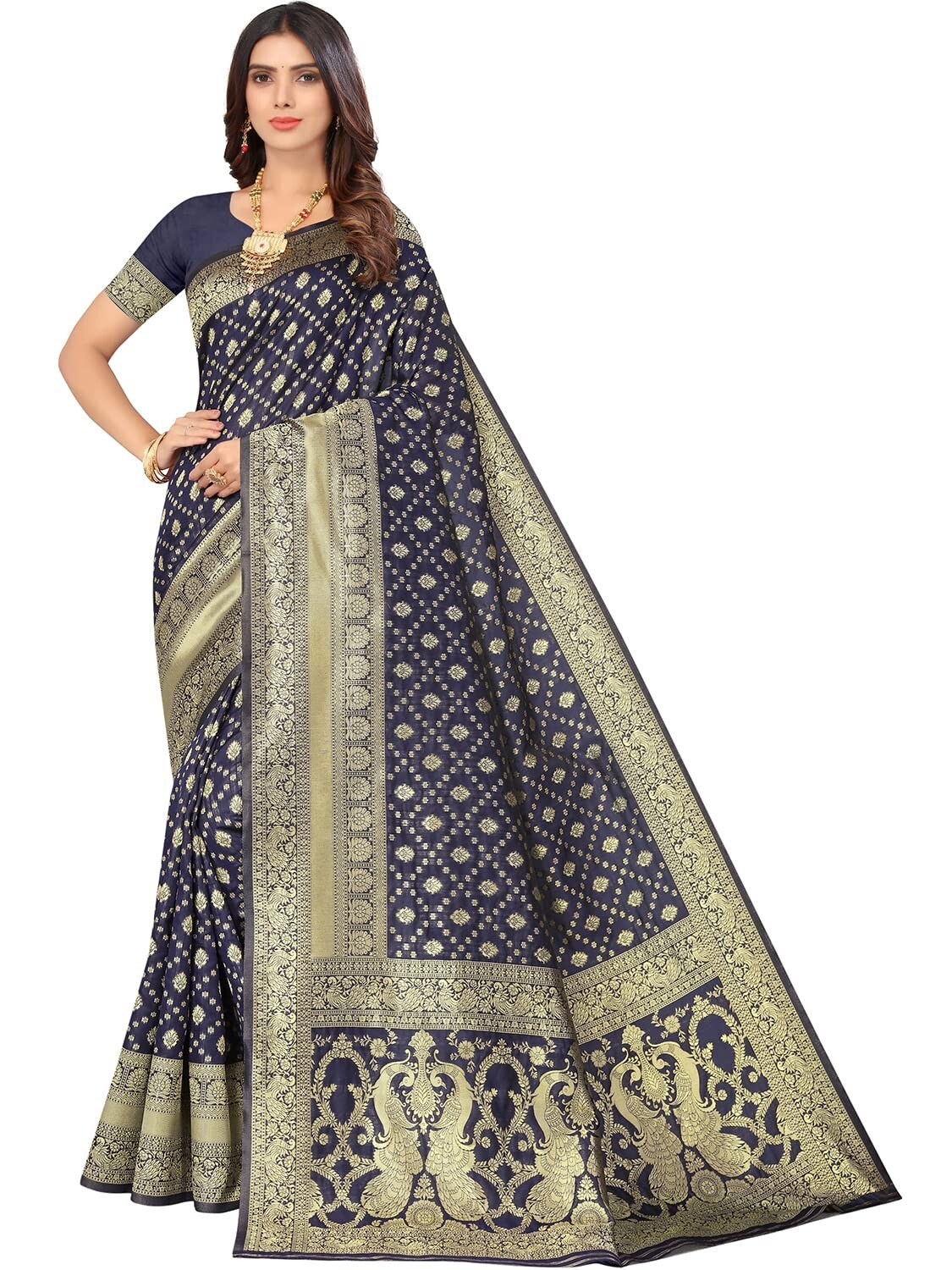 Women’s Contemporary Golden Zari Ethnic Motif Woven saree with Running Blouse
