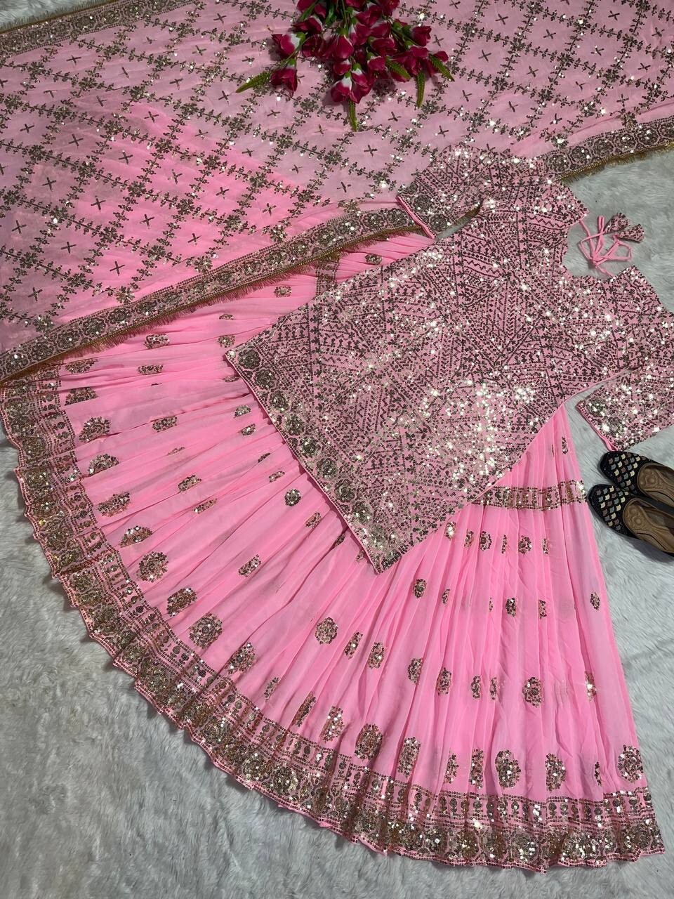 Reception Wear South Indian Pink Sequins Work Lehenga With Top For Sangeet Wear
