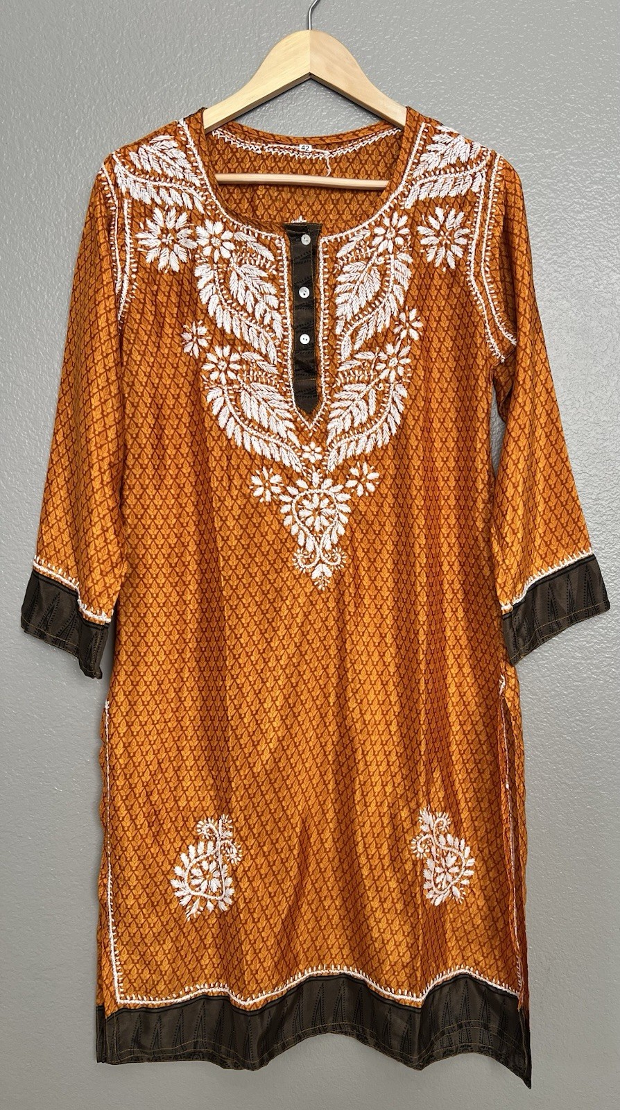 Women’s Embroidered Kurta Tunic Top Dress Tangerine Boho Indian Kurti Size 42/L