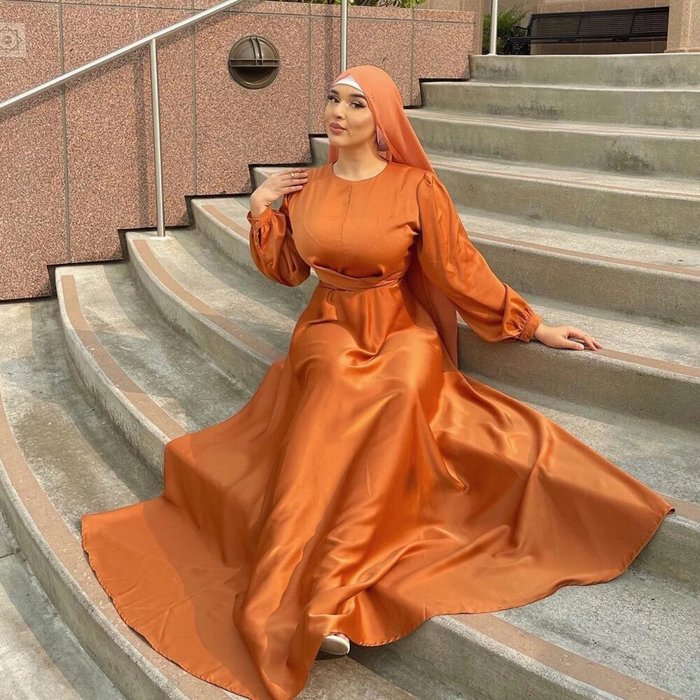 Eid Mubarak Satin Abayas Women Muslim Maxi Dress Islamic Clothing Dubai