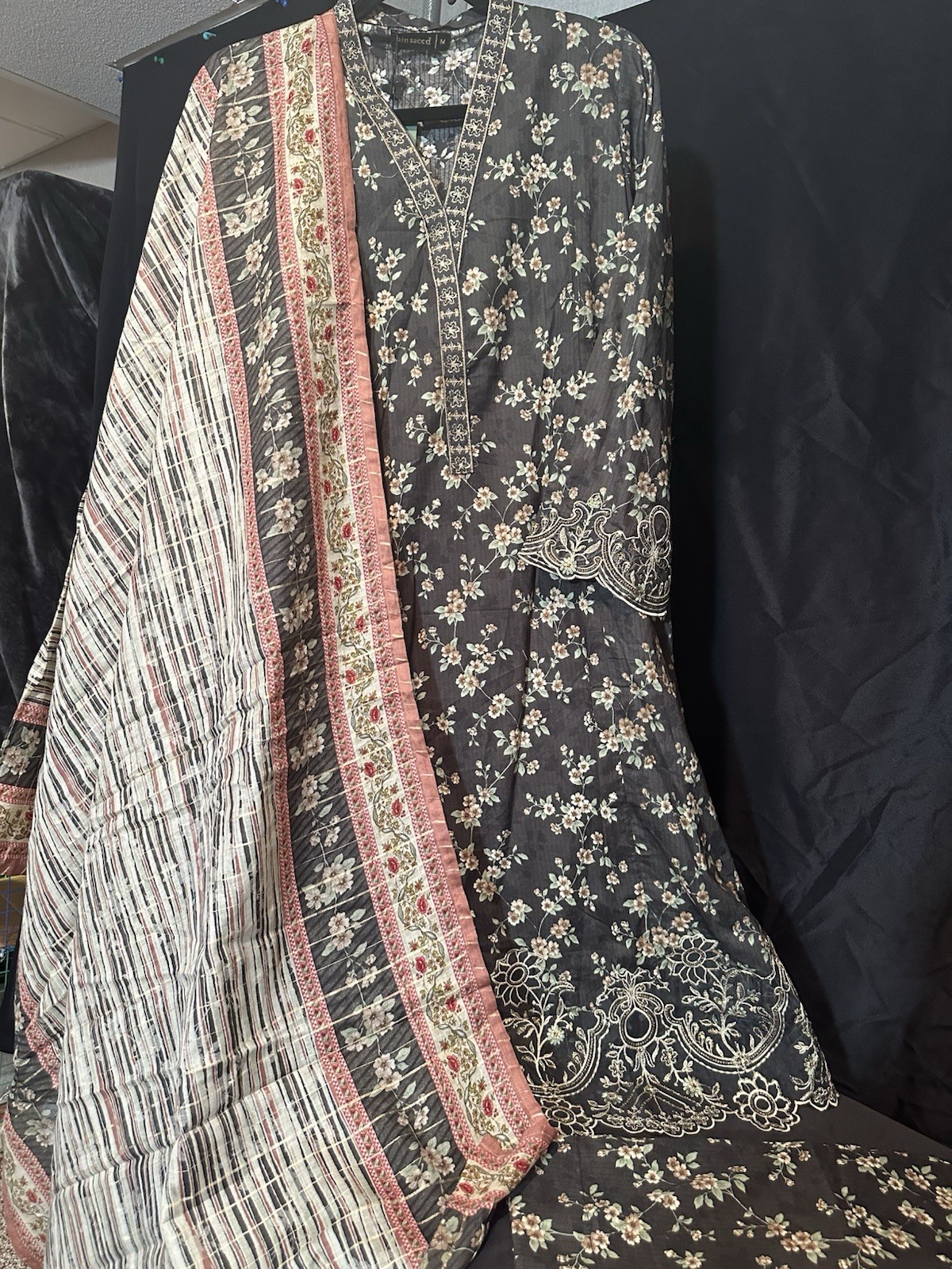 Bin Saeed Lawn Cotton 3 Pc Suit-premium Cut Work Emb- Aline Style-M & L – $44