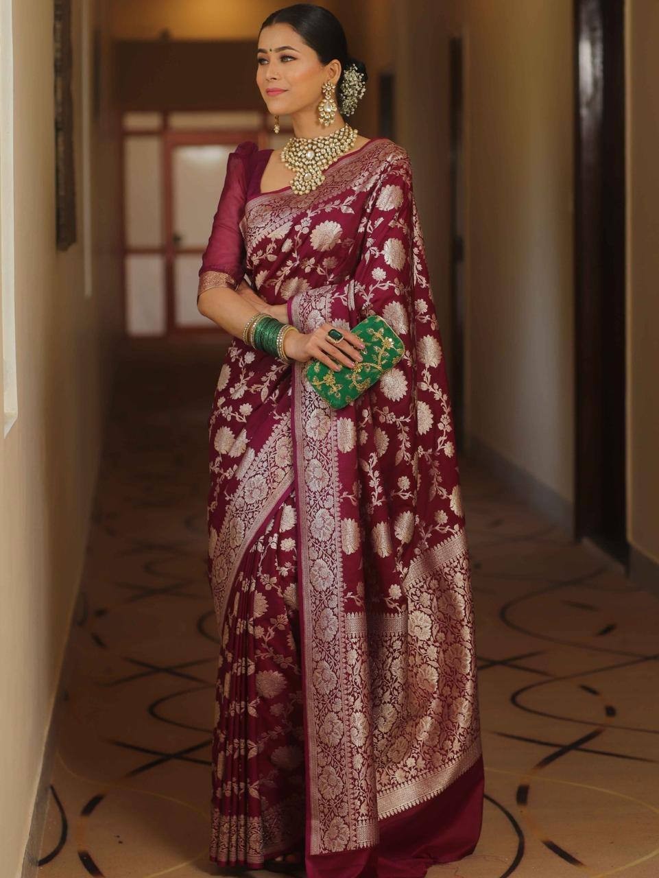 Indian Wedding Saree Maroon Soft Silk Jacquard with Rich Pallu & Brocade Blouse