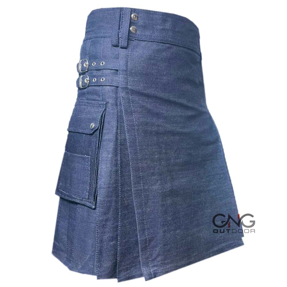 Men’s Blue Denim Scottish Fashion Utility kilt Sports kilt Size 28-62