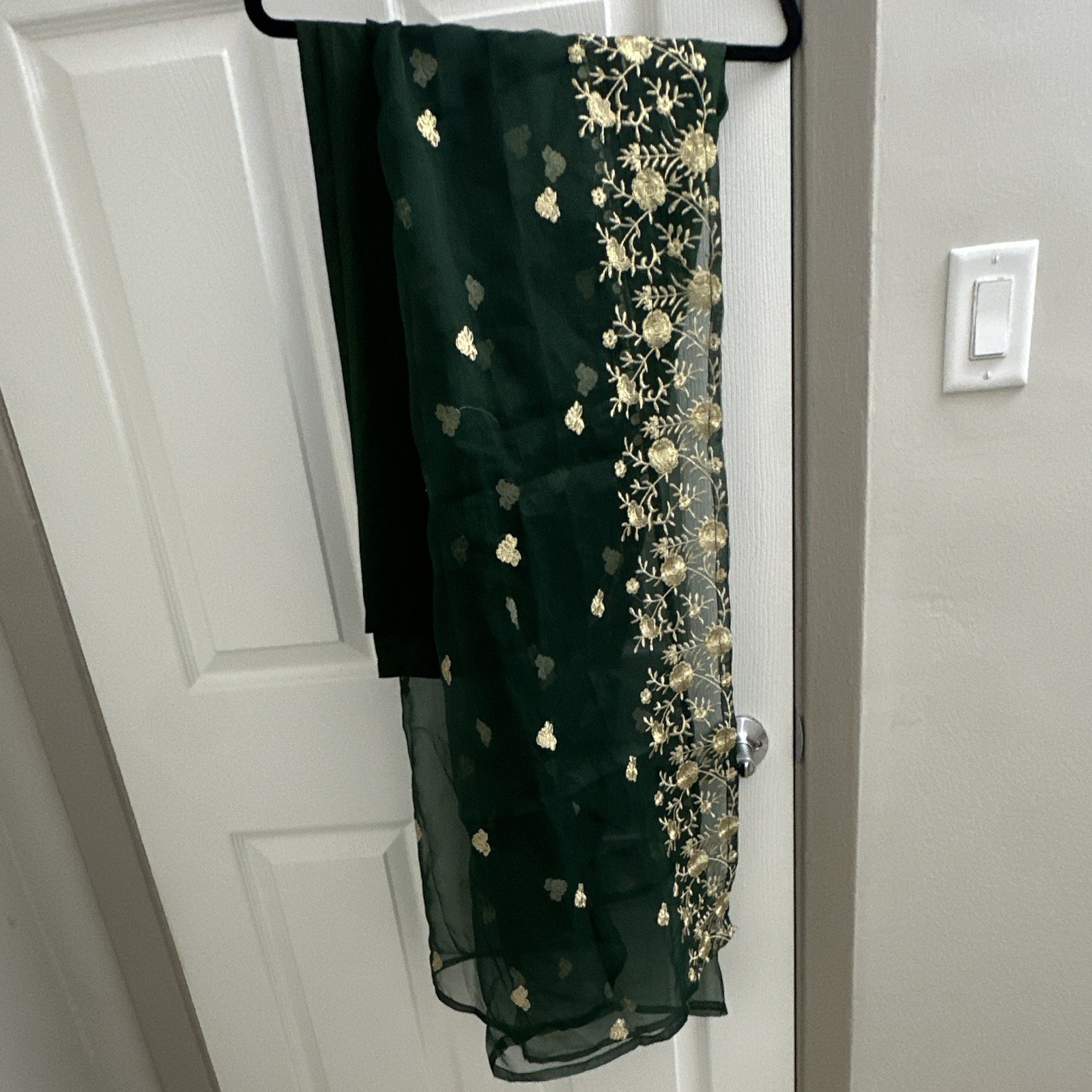Green Chiffon Salwar Kameez with Gold Embroidery for Women, Size Large