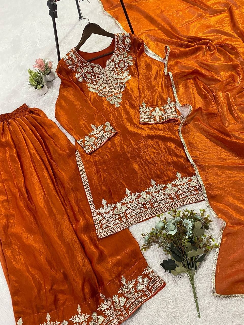 Latest Silk Stylish Rust Orange Top Palazzo With Dupatta For Indian Function
