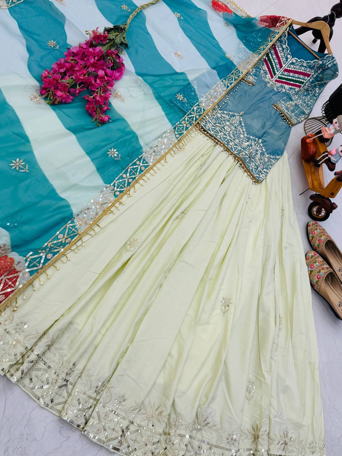 New Launching Silk Sky Blue Top Lehenga With Dupatta For Functional Wear