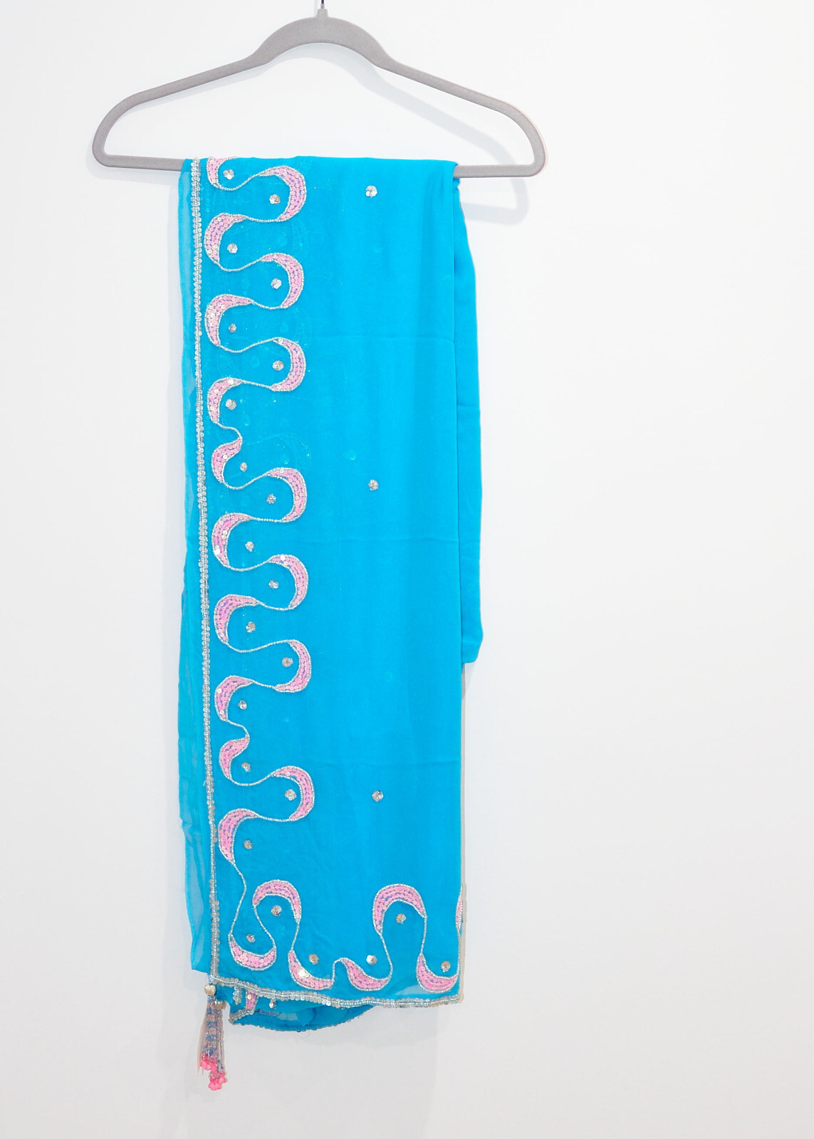 New Turquoise Chiffon Sari with Pink/Silver Sequin Hand Work. Unstitched Blouse.