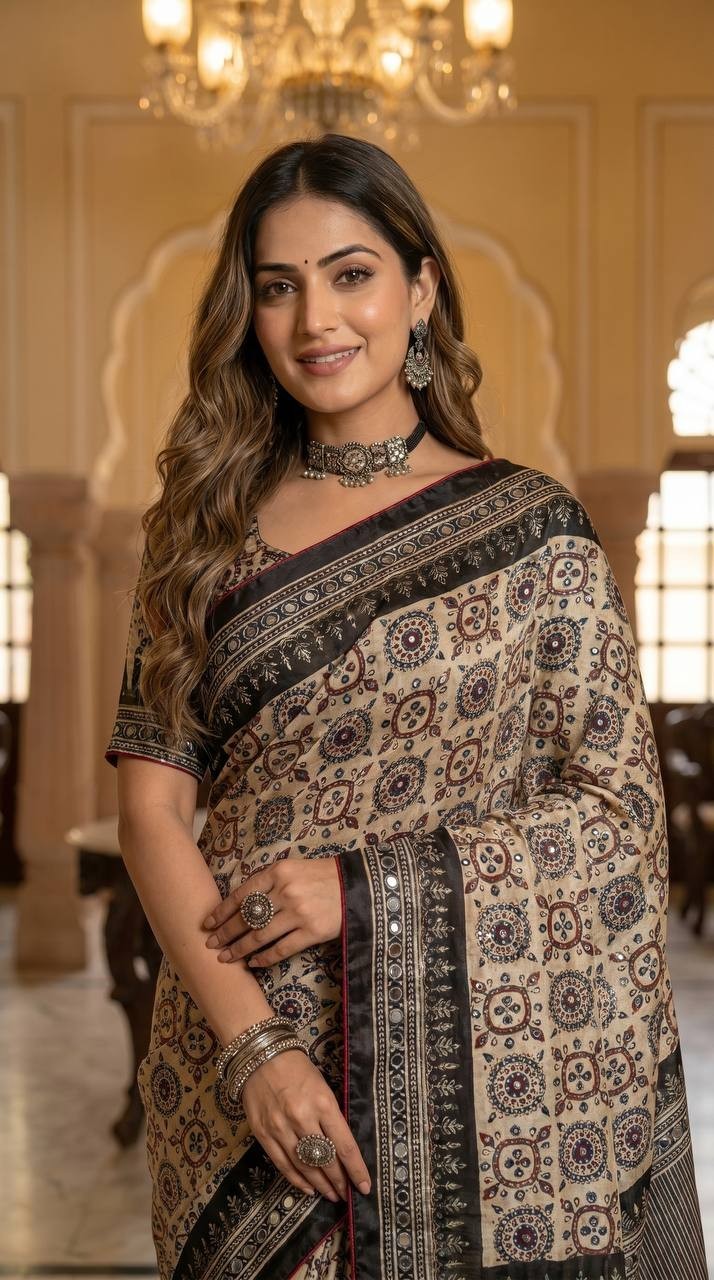 Indian Designer Silk Ajrakh Saree Mirror Work Ethnic Bollywood Party Sari Blouse