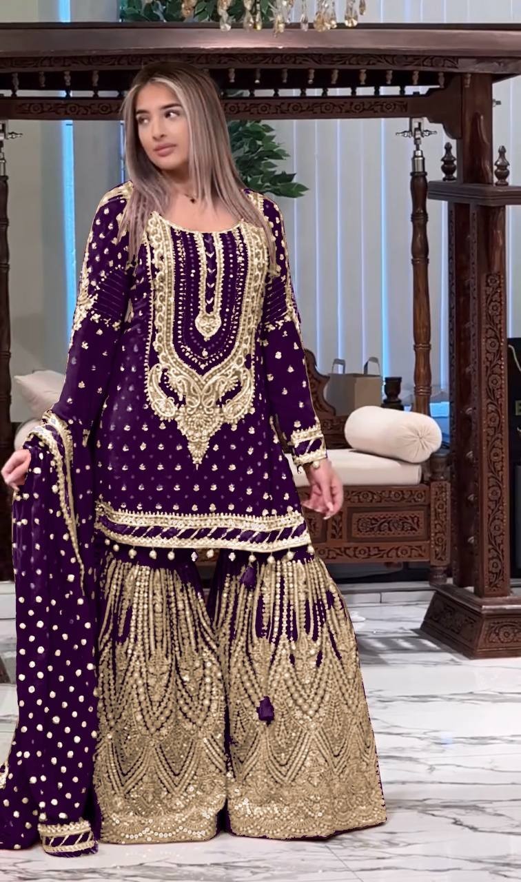 New Latest Purple Faux Georgette Kurta Palazzo With Dupatta For Wedding & Party