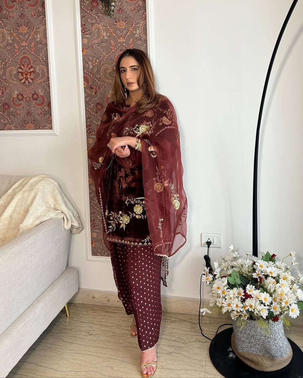 New Stylish Viscose Velvet Maroon Top Bottom With Dupatta For Women & Girls