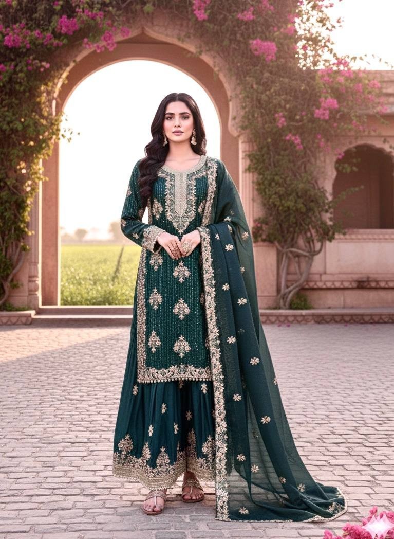 New Designer Pure Silk Teal Blue Top Palazzo With Dupatta For Wedding Wear