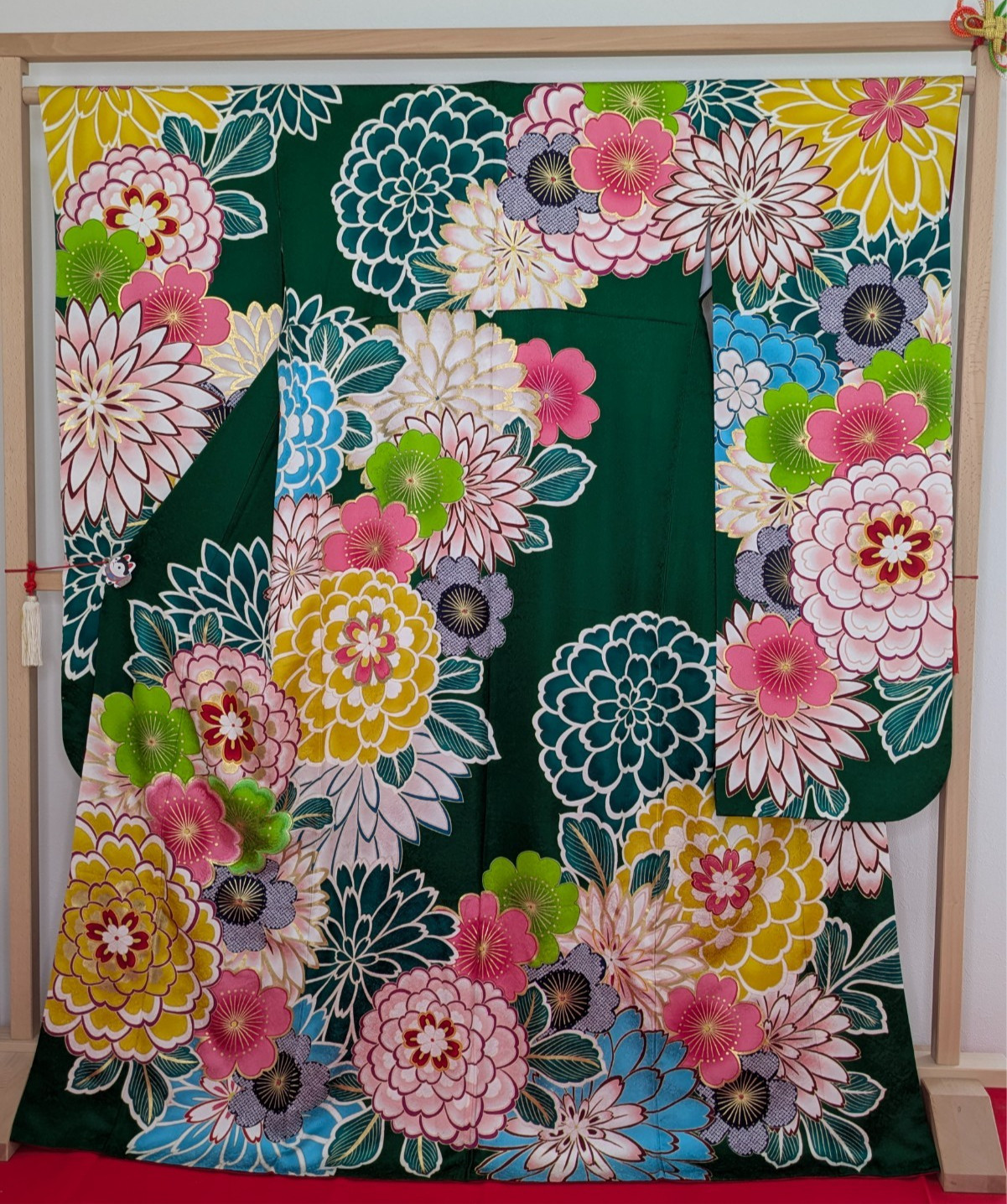 Japanese Kimono Silk Furisode Green Gorgeous Colored Floral Big SIze Textile Art
