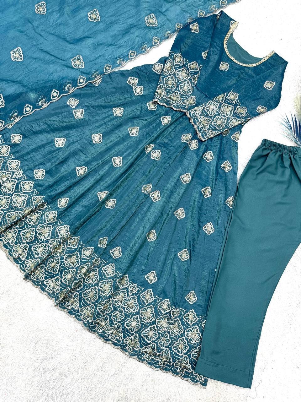 RamaBlue Gold Crush Silk Georgette Salwar Kameez Floral Designer Party Wear Suit
