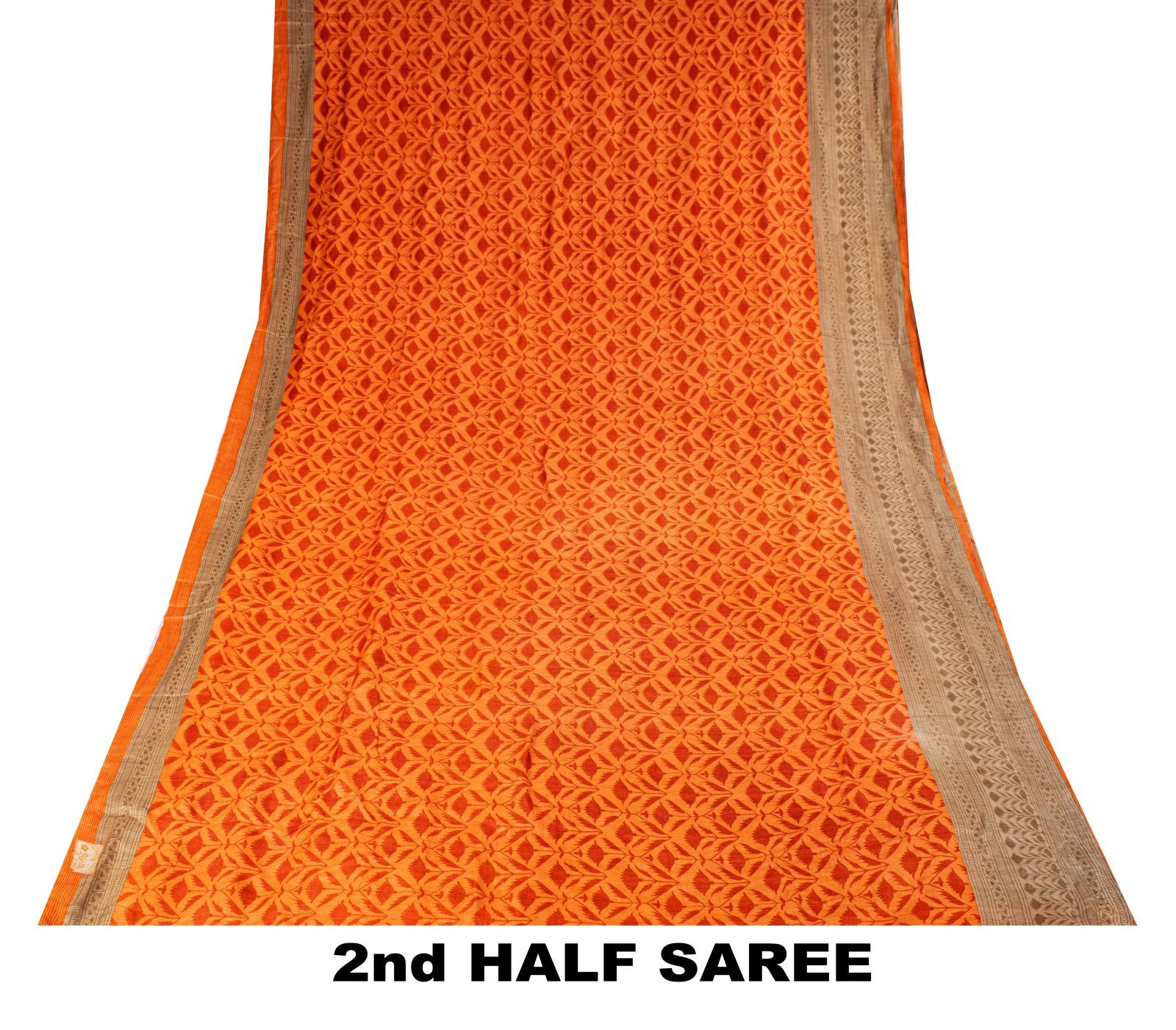 Sanskriti Vintage Soft Orange Pure Woolen Saree Floral Print Sari 5.5+Yd Fabric