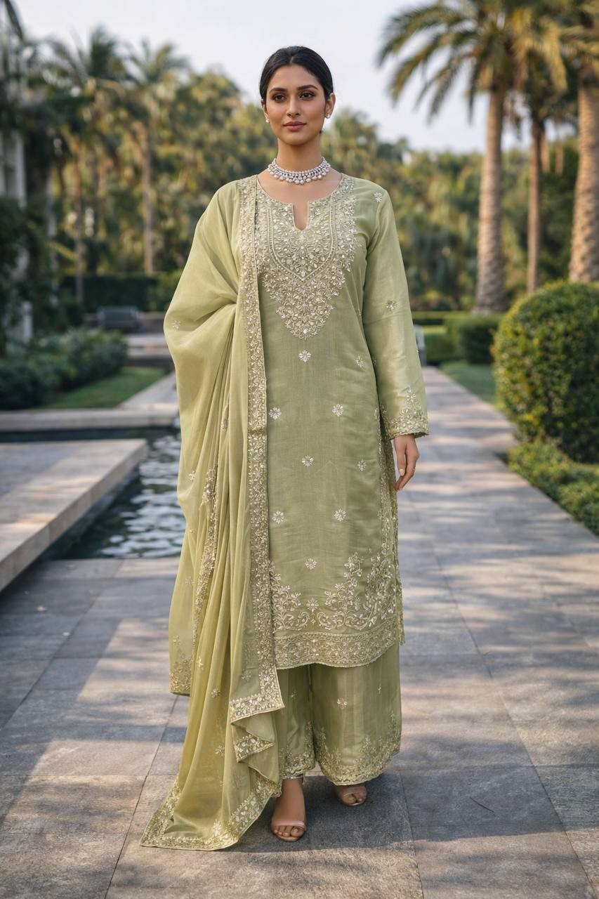 Latest Party Wear Silk Kurta Palazzo With Dupatta For Women & Girls