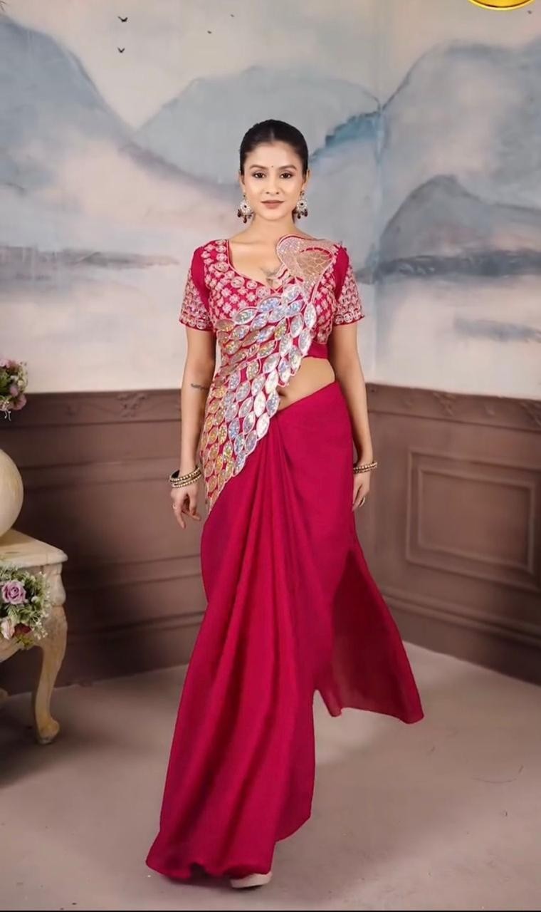 Designer Pre Drapped Saree Blouse Ready To Wear Saree Bollywood Party Wear Sari
