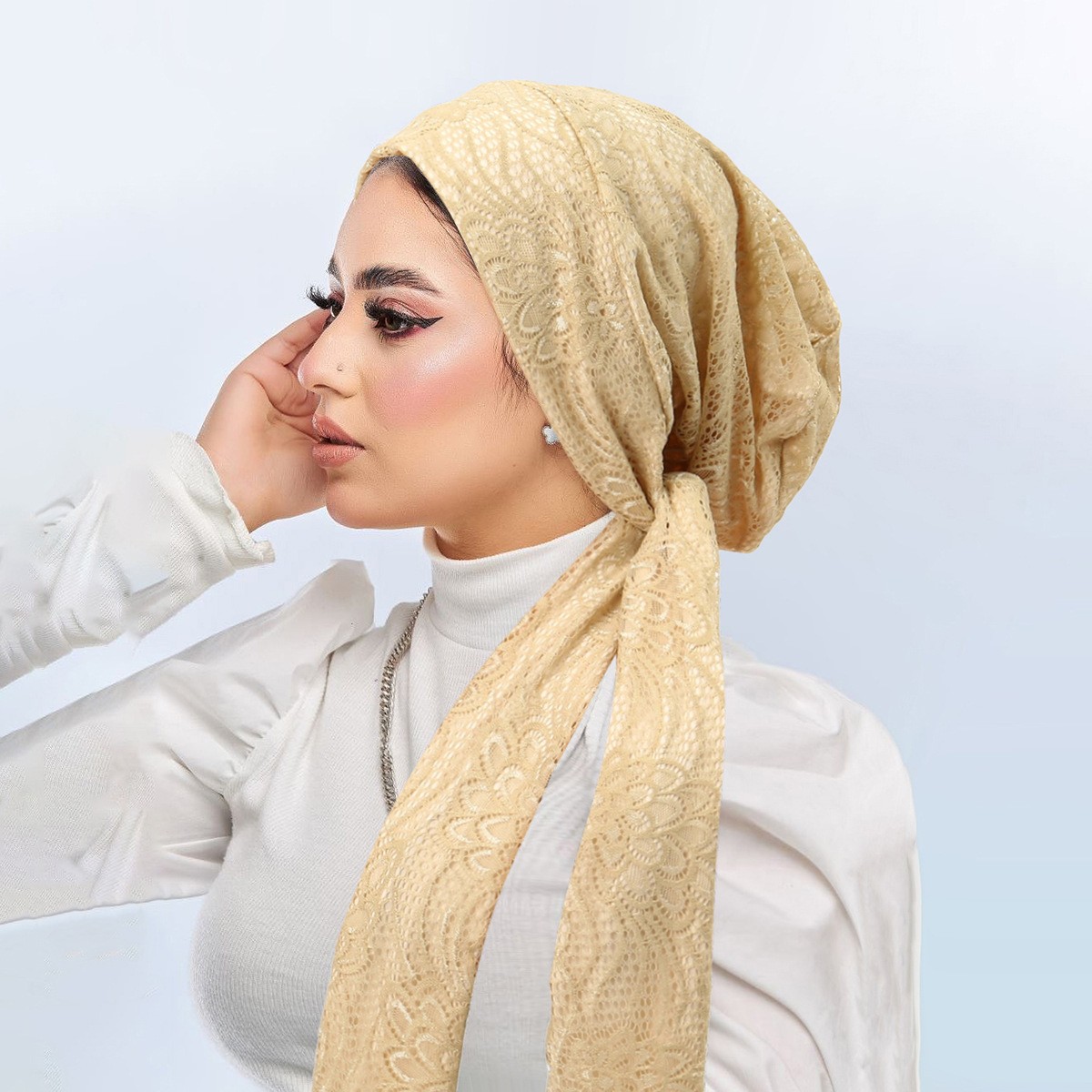 Muslim Women Bonnet Cap Head Wrap Lace Crinkle Long Tail Pre-Tied Turban Hijabs