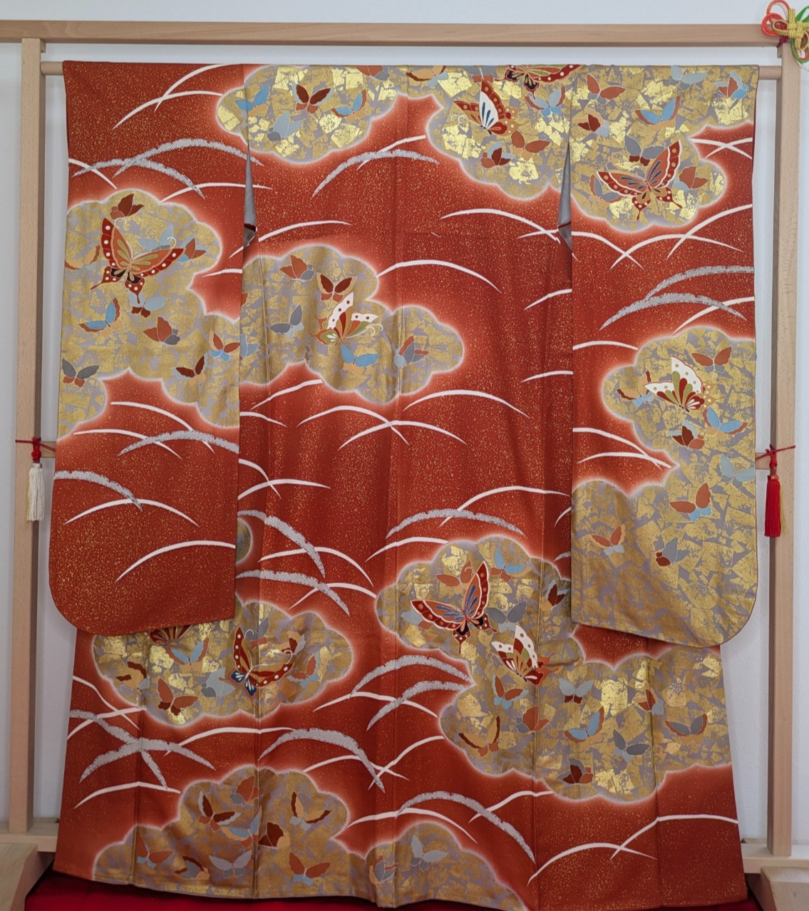 Authentic Japanese Kimono Silk Furisode Red Butterfly Embroidery Gold Clouds Art
