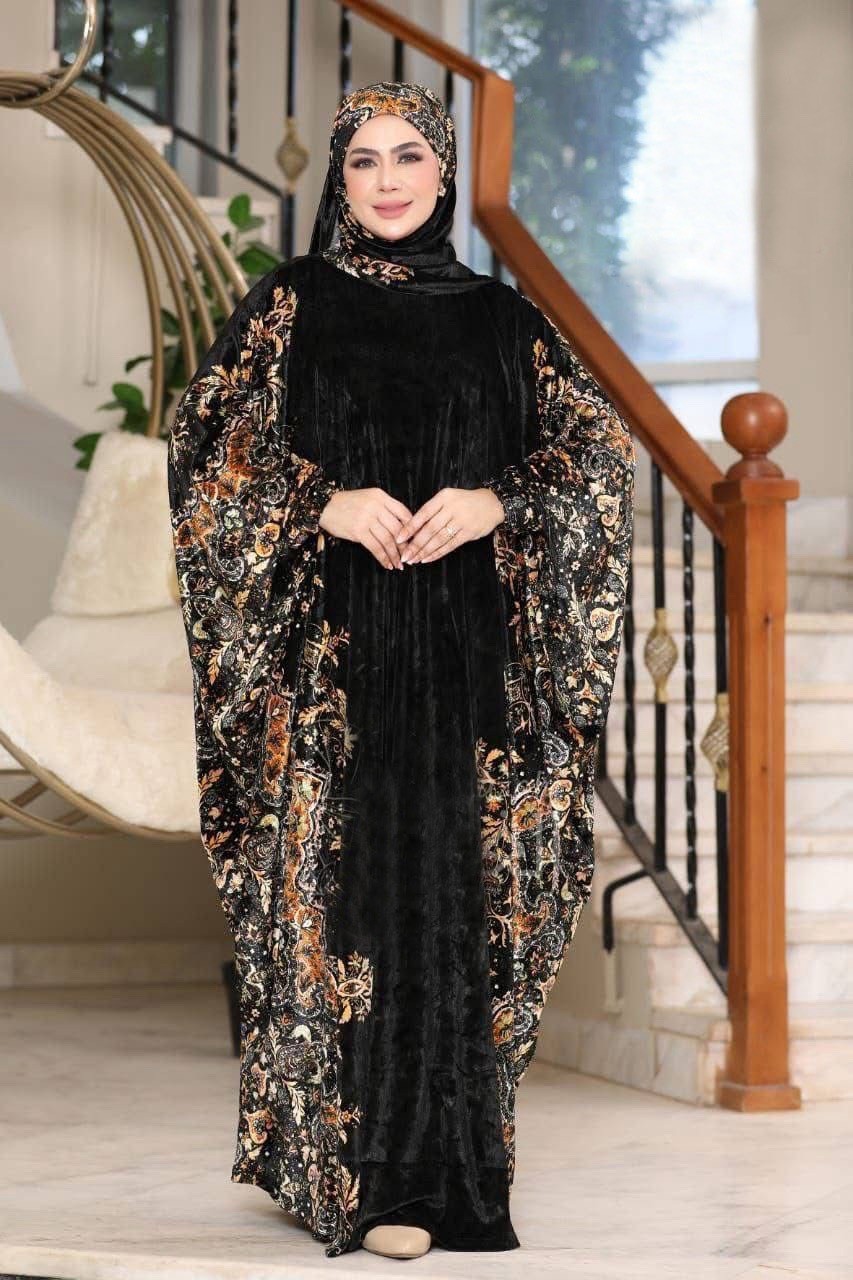 Women’s Velvet Kaftan Dress, Floral Pattern, Multicolor, Middle Eastern