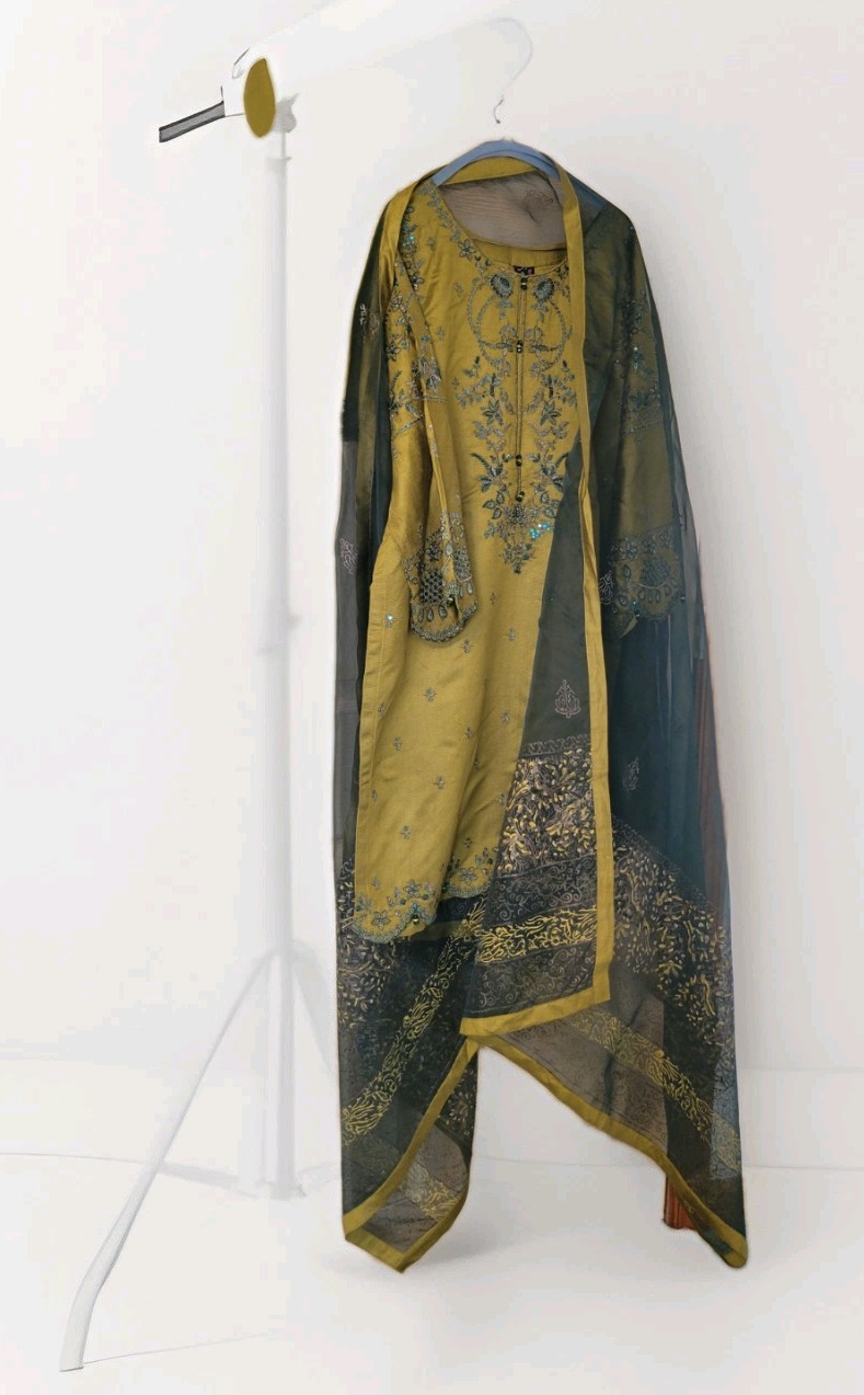 Pakistani Olive Green suite w/ Organza Dupatta thread Embroidery by Posh Brand L