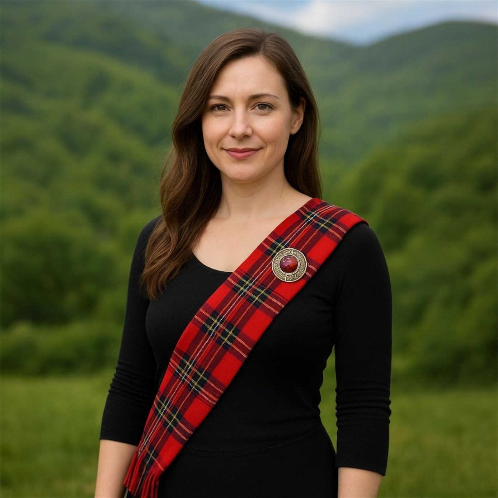 Traditional Scottish Women’s Tartan Wool Sash Along with matching brooch