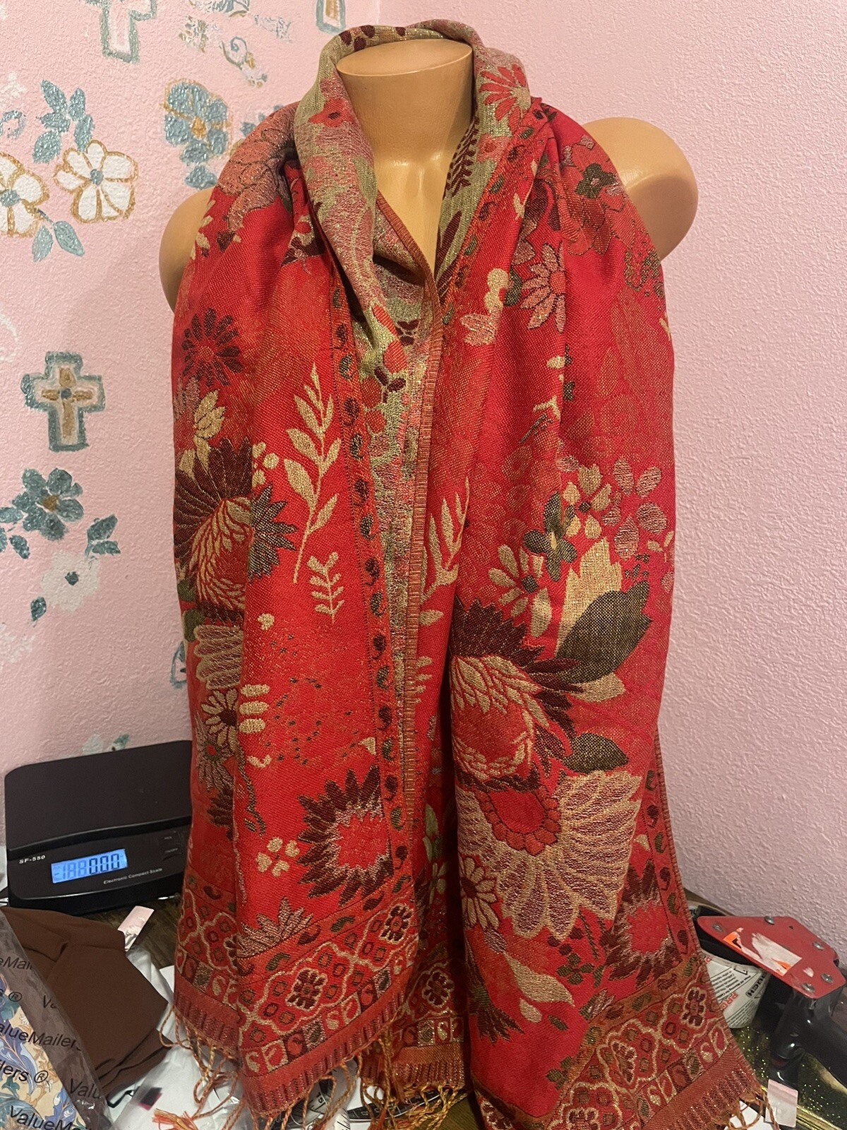 Mexican Women’s Red & Gold Floral Rebozo Poncho Wrap Cover Cape