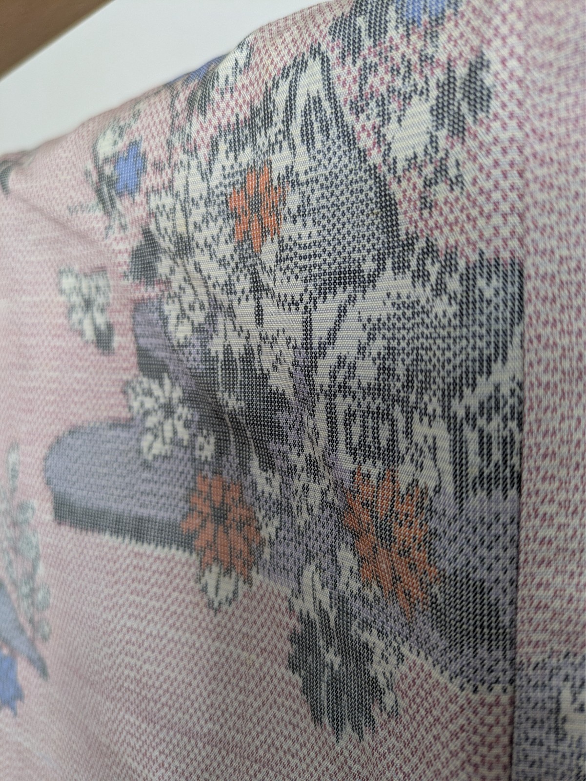Authentic Japanese Kimono Silk Tsumugi Pink Kasuri Floral Hand-woven Textile Art