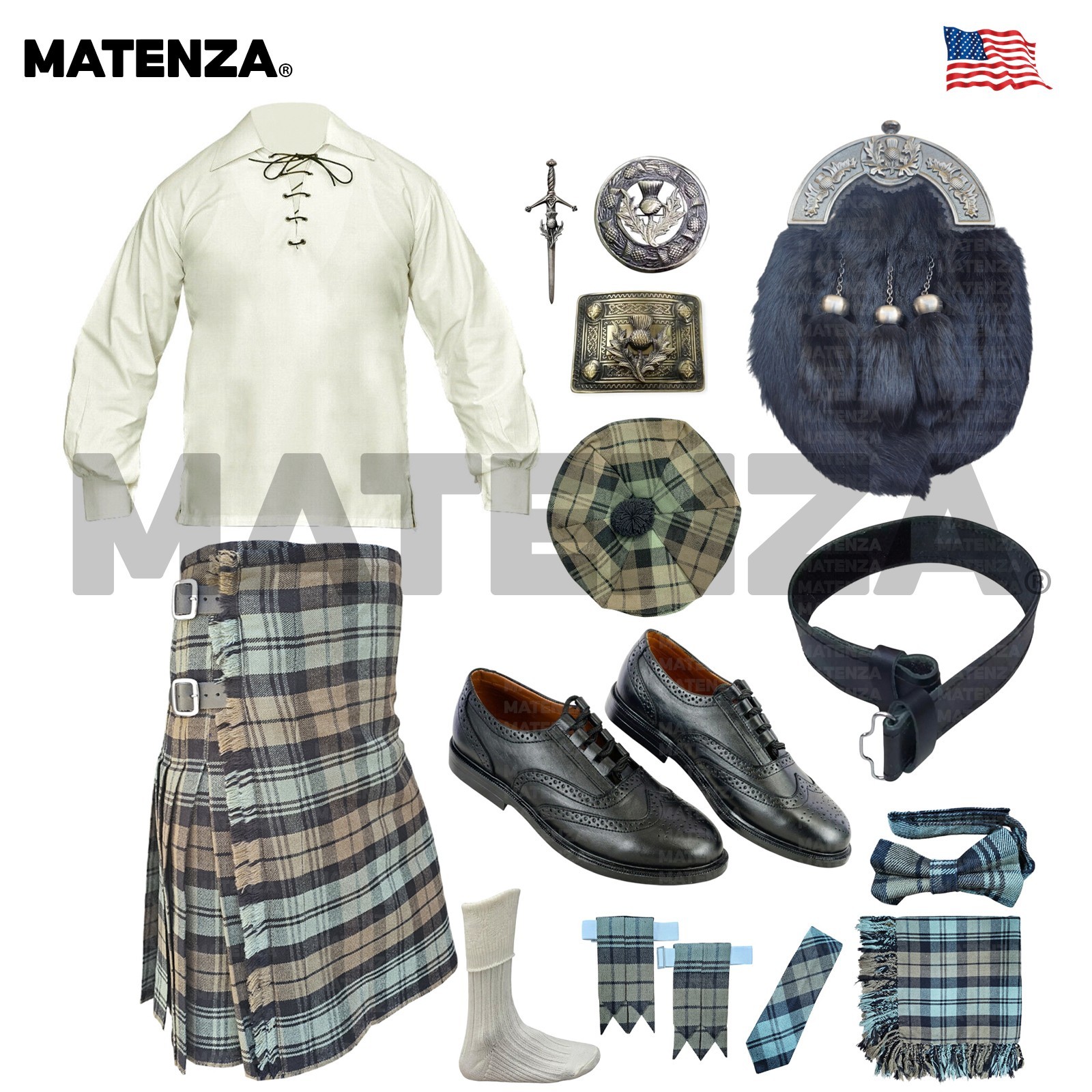 Black Watch Weathered Tartan 14pc Scottish Kilt Outfit Set 5 Yard Men