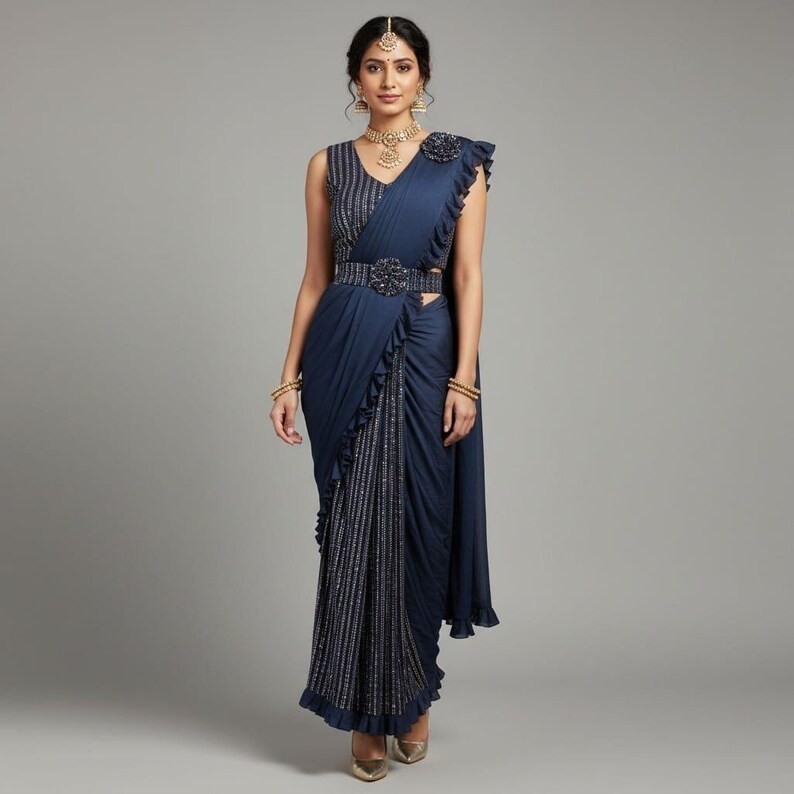 Navy Blue Draped Saree with Heavy Sequin Blouse Imported Lycra Wedding Outfit