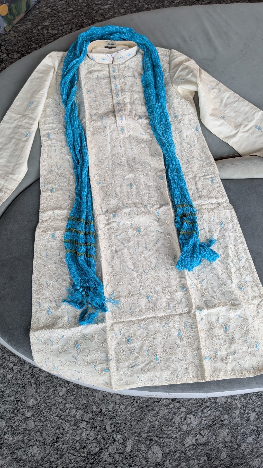 Men’s Cotton Chikankari Kurta/Hand Embroidered Cream Color Blue Embroidery/Scarf