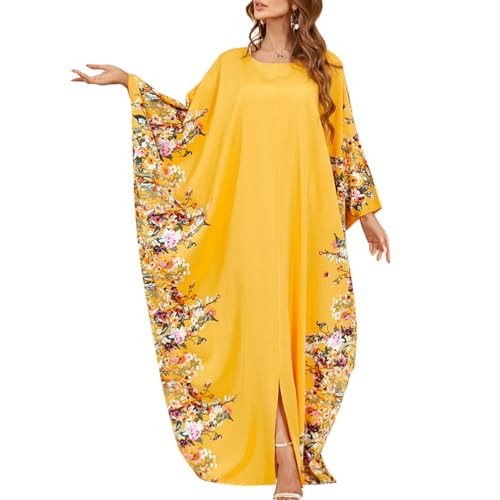 Muslim Abaya for Women Long Dresses Dubai Pendant Bat Sleeves One Size Yellow