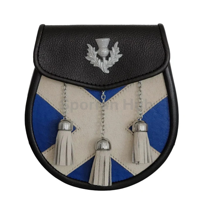 Handmade Real Leather Scottish Flag Design Scottish Kilt Sporran Chrome Finish