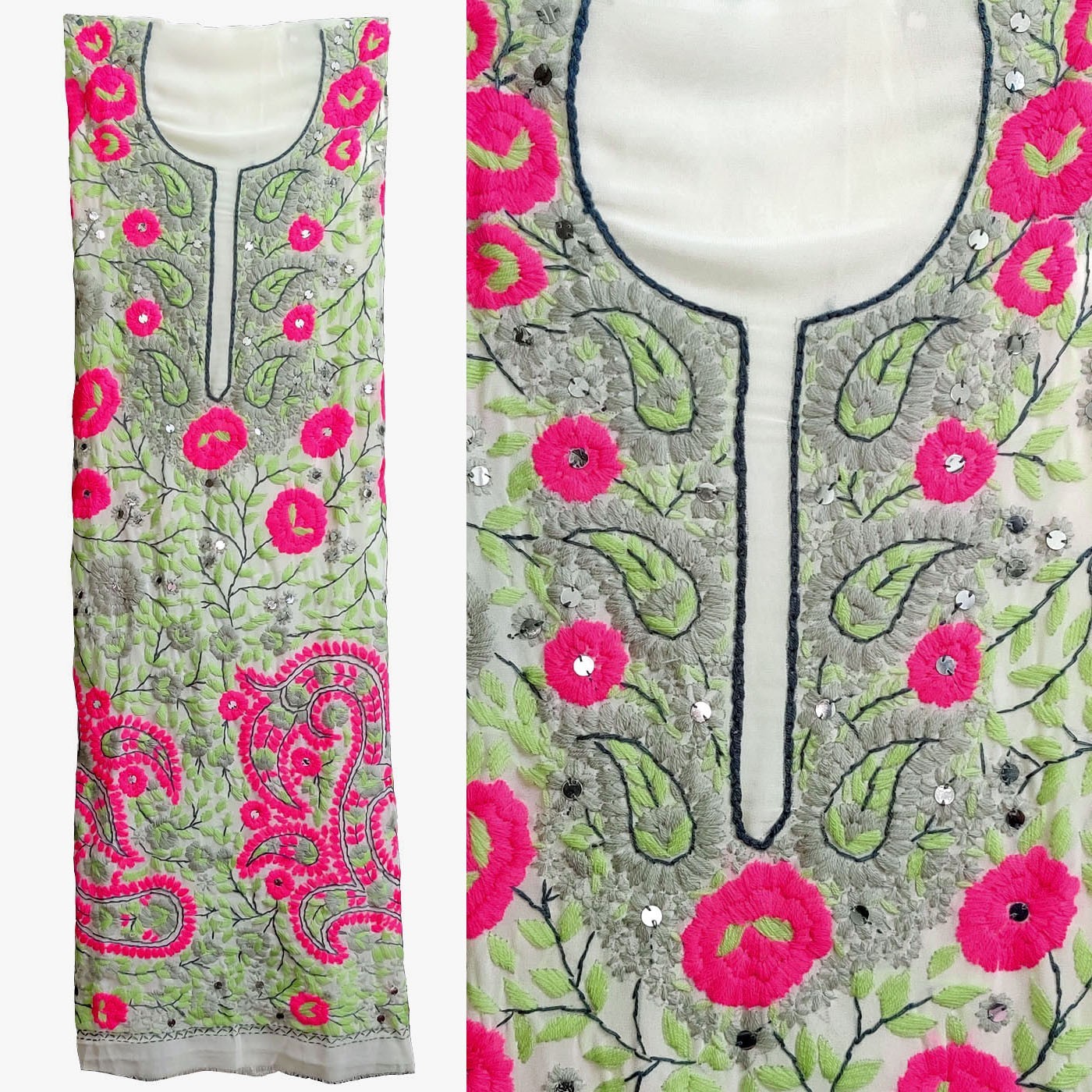 WHITE GEORGETTE w HAND EMBR INDIAN PAKISTANI LADIES SALWAR KAMEEZ DRESS SUIT SNJ