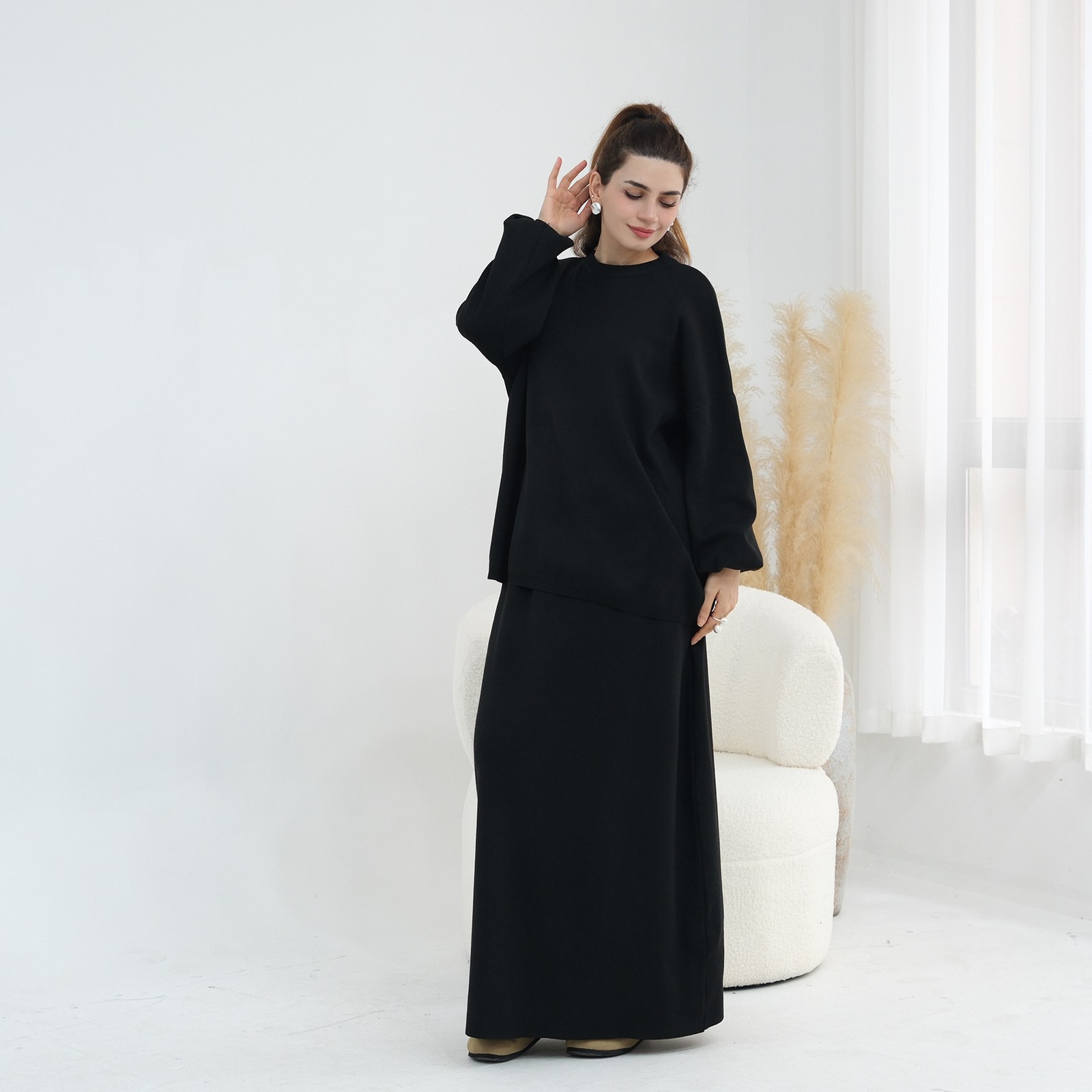 Autumn Women Sweater Knitted Skirt Two Piece Set Morocco Dubai Abayas Jalabiya