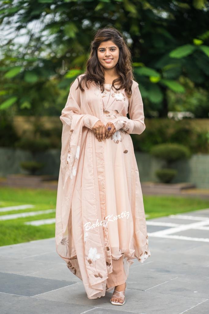 Hand Painted Organza Silk Anarkali Kurti Cotton Pant Dupatta Cream Ethnic Wear